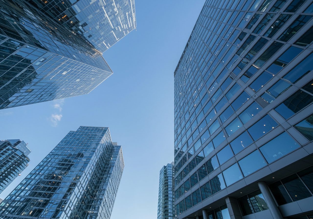 Modern glass office towers in a Canadian business district photographed from below against a clear blue sky