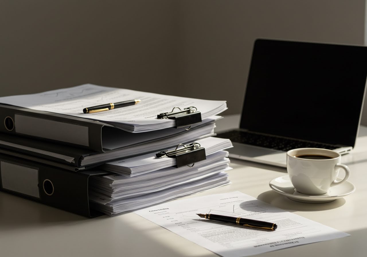 An organized desk with binders of business paperwork, a fountain pen, a laptop, and a cup of coffee in warm light