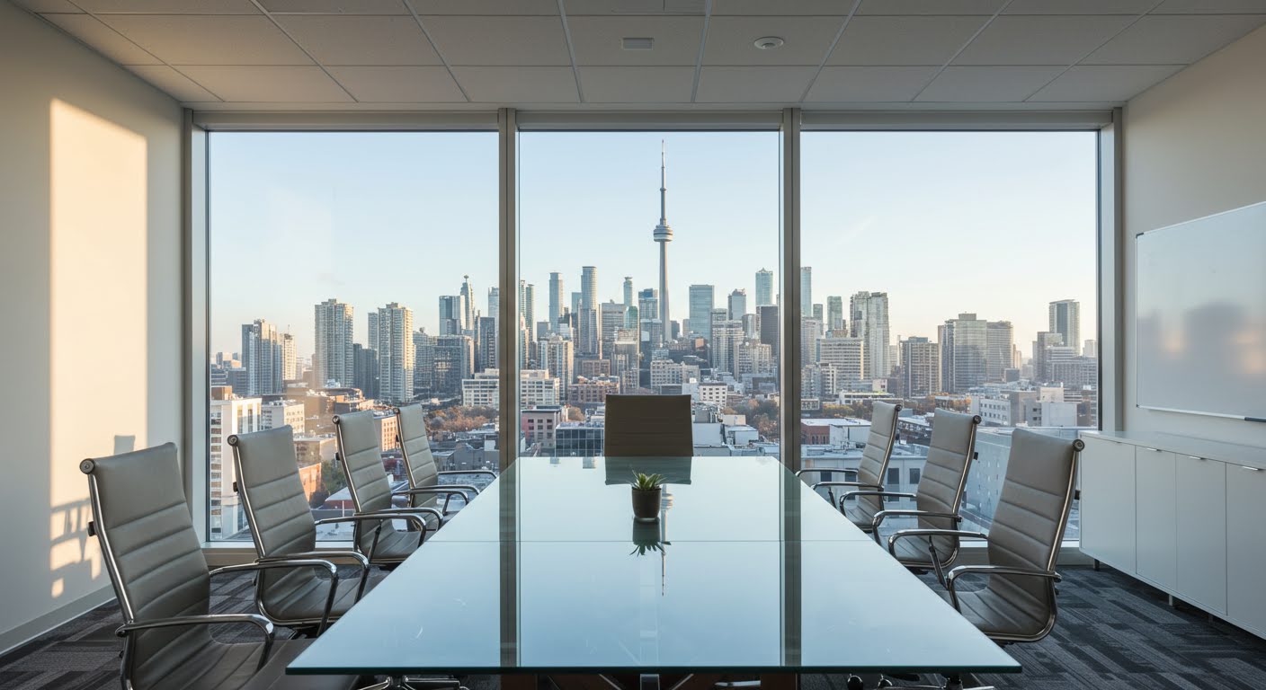 Bright modern boardroom with a glass conference table overlooking the downtown Toronto skyline and CN Tower
