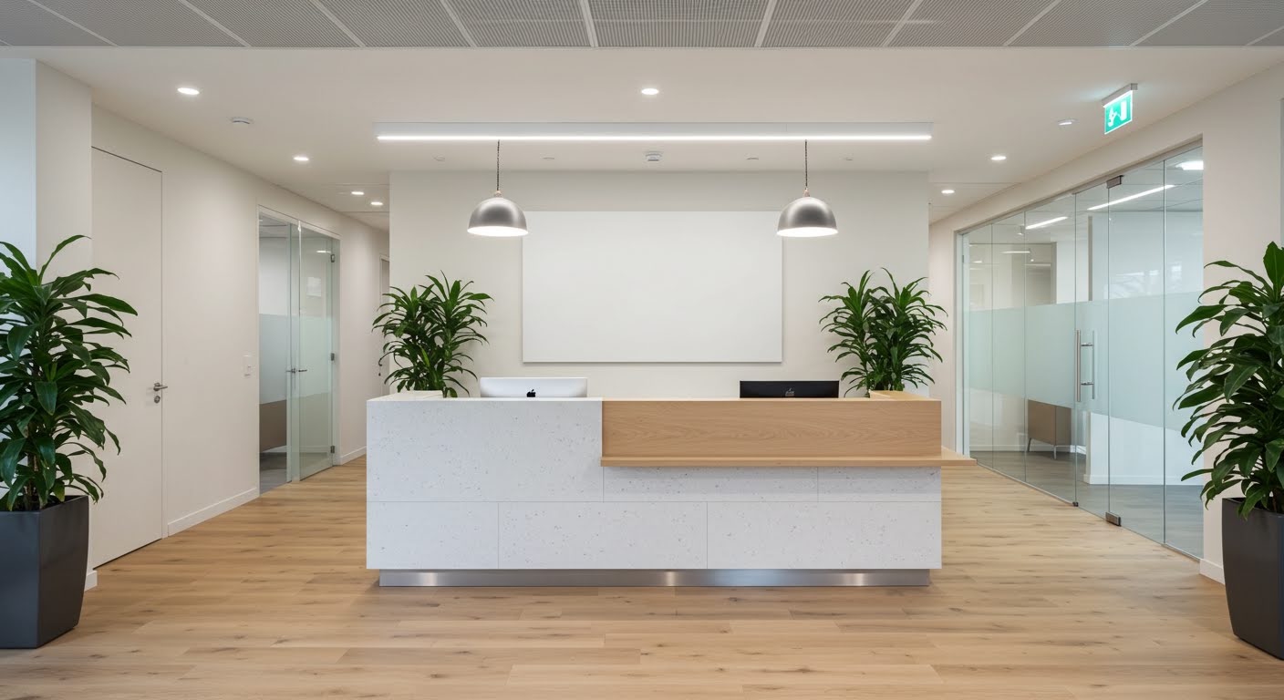 A calm, welcoming office reception with a pale-oak and stone desk, tall leafy plants, and soft daylight