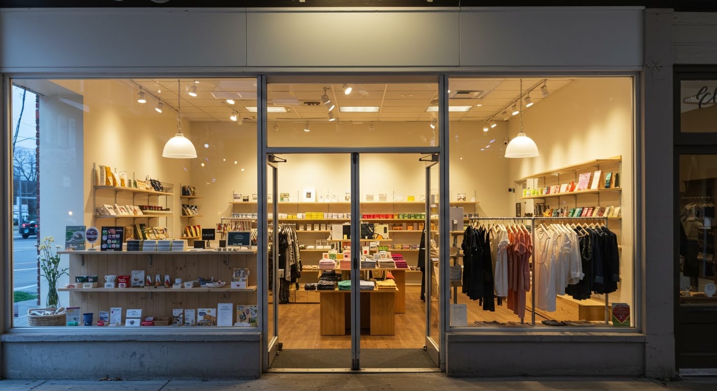A bright independent main-street shop at dusk, its interior shelves and clothing racks glowing through large front windows