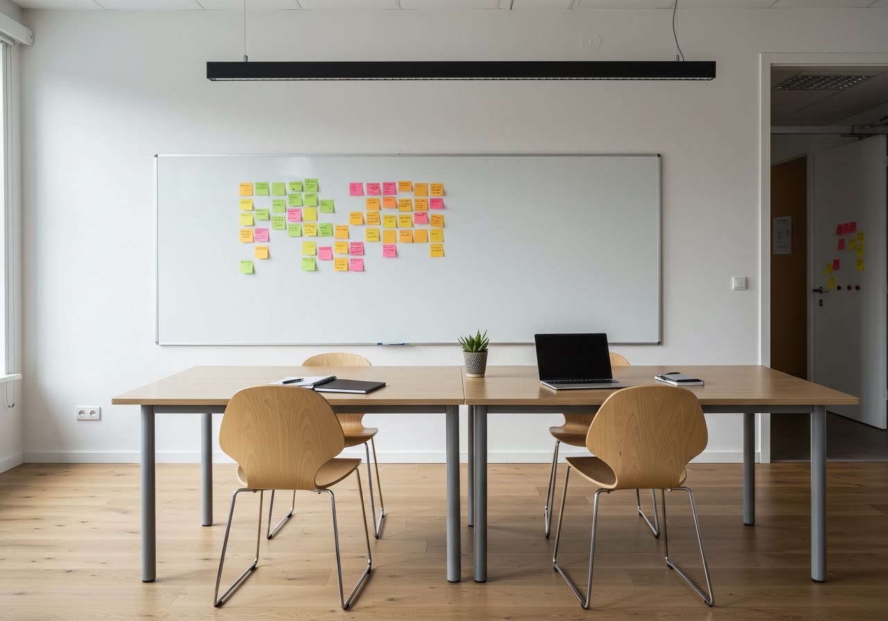 A workshop table with laptops and notebooks facing a whiteboard covered in colourful workflow sticky notes